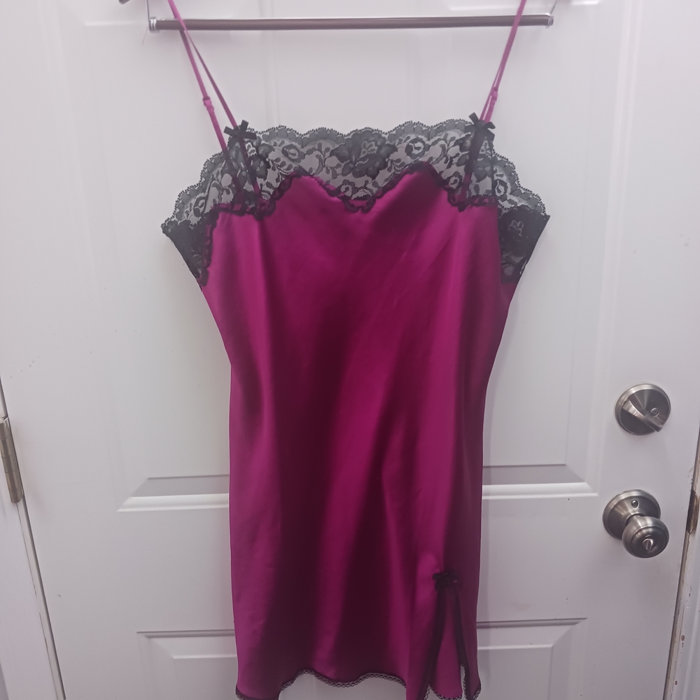 Magenta Satin Slip with Black Lace Trim